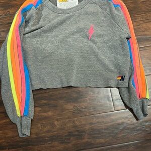Aviator Nation Gray Cropped Sweatshirt with Rainbow Stripes